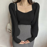 business casual outfits Bottoming Shirt Lantern Sleeve Short Pullover Sweater Top Women's Style Autumn and Winter French Niche Square Collar Sweater Women