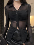 fashion outfits Sexy See-through Mesh Blouse Long-Sleeved Shirt Women's Spring and Summer Fashion Waist-Tight Split Top