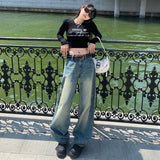 90s streetwear Loose Straight Jeans for Women Spring and Autumn New Retro Washed Distressed High Waist Slimming Pants for Women