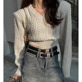 casual outfits High Waist Thread Pullover V-neck Tight Waist Short Twist Sweater Women's Fashionable Slimming Autumn and Winter New