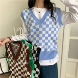 fall outfits black women 2024 Early Autumn New Slimming Chessboard Plaid Sweater V-neck Vest Loose Stacked Outer Sleeveless Vest for Women Fashion