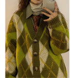 non binary outfits American Retro New Autumn and Winter Loose Green Rhombus Sweater Cardigan Coat Thickened Lazy Sweater for Women