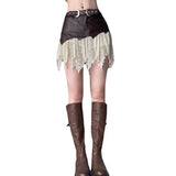 halloween costumes Ins American Hot Girl One-Piece Lace Stitching Leather Skirt Women's Low Waist Personalized Belt Slim Slimming Pleated Skirt