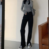 grunge dti Black and Gray Straight Split Jeans for Women Spring New High Waist Slimming Loose BF Style Mop Wide Leg Pants Fashion