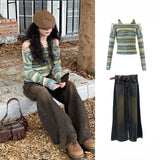 leapord halloween outfit Spring Gentle Wear Women's Korean Style Fashionable Striped Suspender Top Jeans Two-Piece Set