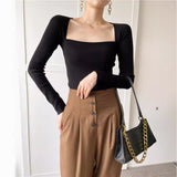 casual outfits Paper People Autumn Elegant French Retro Square Collar Open Collarbone Slim Slimming Sweater Inner Top