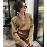 casual outfits High Waist Thread Pullover V-neck Tight Waist Short Twist Sweater Women's Fashionable Slimming Autumn and Winter New