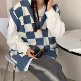 dti outfits Autumn and Winter Preppy Style All-Match Chessboard Plaid Sweater Vest Female Students Korean Style Loose Sleeveless Vest Knitted Outer Wear