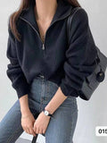 outfit Korean-Style Lady Elegant Solid Color Simple Zipper Long-Sleeved Sweater Autumn Warm Top Fashion Casual Western Style All-Matching