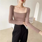 casual outfits Paper People Autumn Elegant French Retro Square Collar Open Collarbone Slim Slimming Sweater Inner Top