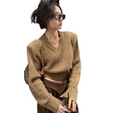 casual outfits High Waist Thread Pullover V-neck Tight Waist Short Twist Sweater Women's Fashionable Slimming Autumn and Winter New