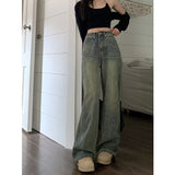 outfit inspo Light Color Washed Distressed Straight Jeans Women's Autumn American High Street Small High Waist Loose Mop Wide Leg Pants