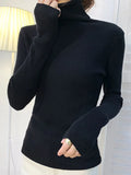 ZOKI New 2023 Women Pullover Turtleneck Sweater Autumn Long Sleeve Slim Elastic Korean Simple Basic Cheap Jumper Solid Color Top LANFUBEISI