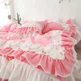 LANFUBEISI Lace Flowers Embroidery Bedding Set Cotton Pink Princess Duvet Cover Bedspread Bed Skirt Pillowcases Solid Color Home Textile LANFUBEISI