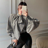 LANFUBEISI Houndstooth Bow Chiffon Shirt Women Vintage Elegant Print Bandage Lantern Sleeve Blouses Office Lady Korean Thin Loose Top