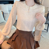 2024 New Fashion Long Sleeve Lace Blouse Women Apricot Lantern Sleeve Casual Women's Blouse Solid Sweet Ladies Shirt Blusas1222 LANFUBEISI