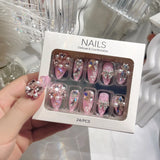 24Pcs Pink Glossy Medium Almond Fake Nails Press on Glitter Shining Heart with Rhinestone Pearl Deisgn False Nails Tips Stick LANFUBEISI