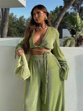 Green Pleated 2Pieces Pants Suits Women Sets Solid Flare Long Sleeve Bandage Crop Tops+Wide Leg Loose Long Pants Outfits LANFUBEISI