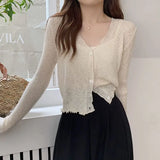 New Summer Cardigan Women Korean Fashion Sweet V-neck Ruched Button Long Sleeve See Through Cropped Cardigans LANFUBEISI