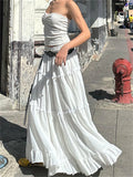 LANFUBEISI Elegant White Flowy Hem Long Skirts Women Elastic Waist Ruffle Lace Trim Flare A-Line Skirts Retro Streetwear