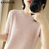 2023 Spring Summer Womens Sweater Short Sleeve O-neck Slim Fit Knitted Pullovers Bottoming Casual Knitwear Camel Pink Clothes LANFUBEISI