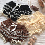 Autumn Winter Warm Lolita Safety Short Pants Women Sweet Chic Plush Bloomers Japanese Y2k Lace Bow Knickers Harajuku Cute Shorts LANFUBEISI