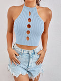 New Summer Women Cut Out Tie Backless Halter Neck Knit Crop Top Femme Sleeveless Sexy High Stretch Cropped Sweater Tank Clothes LANFUBEISI