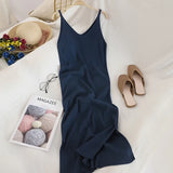 V Neck Solid Knitted Dresses Casual All Match Simple Fashion Korean Women Dress Elegant Vestidos New Clothes LANFUBEISI