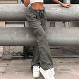Harajuku Gray Pockets Cargo Jeans Sashes Korean Fashion Loose Straight Denim Trousers Y2K High Waist Pants Vintage Streetwear LANFUBEISI
