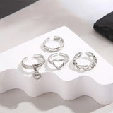 4Pcs/set Vintage Punk Hollow Heart Rings Set Korean Fashion Zircon Silver Color Geometric Opening Knuckle Ring For Women Jewelry LANFUBEISI