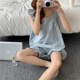 Plaid Sleepwear Women Pajamas Shorts Set Fly Sleeve Korean Kawaii Pijama Ruffles Summer Home Clothes Suit Sleeping Night Wear LANFUBEISI