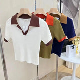 Vintage Knitted T-shirt Women's Polo Shirts Y2k Tops Short Sleeves Slim Korean Fashion Plus Size Luxury Designer Wear LANFUBEISI