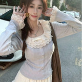 Sweet Lolita Long Sleeve T-shirts Women Kawaii Lace Ruffles Patchwork Slim Crop Tops Autumn Winter Korean Fashion Knitted Tees LANFUBEISI