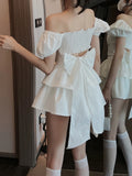 2022 White Sexy Backless Mini Dress Women Korean Fashion Casual Elegant Party Dress Female Ruffle Kawaii Lolita Party Y2k Dress LANFUBEISI