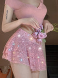 2024 Spring Summer Women Pink Sequin Multi Layered Ruffle Edge Ultra Short Skirt Sexy Spicy Girl Mid Rise Mini Skirts Clubwear LANFUBEISI