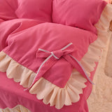 LANFUBEISI Korean Princess Style Bedding Set Soft Thickened Duvet Cover Bed Sheet Skirt and Pillowcases Cute Bow Girls Pink Comfort Cover LANFUBEISI