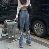 MEXZT Y2K Flare Jeans Women Streetwear Bandage Wide Leg Denim Pants Harajuku Korean High Waist Lace Up Loose Casual Trousers LANFUBEISI