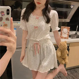 Floral Women Pajamas Sleepwear Shorts Sets Korean Style Pijama Loungewear Cute Summer Two Piece Set Ruffle Night Wear Home Suit LANFUBEISI