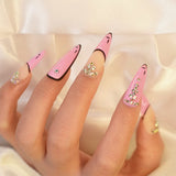 24pcs Pink French Fake Nail with Rhinestone Design False Nails Long Almond Press on Nail Tips Wearable Detachable LANFUBEISI