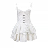 Japanese Kawaii Lolita Dress Women Elegant Sweet Lace Ruffles White Strap Dresses Sexy Korean Fashion Birthday Party Fairy Dress LANFUBEISI