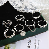 7pcs/set Fashion Heart Chain Ring Set For Women Metal Silver Color Geometric Hollow Finger Ring Trendy Jewelry Gifts 2023 LANFUBEISI