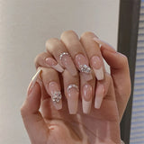 24Ps/Set Medium Long French Fake Nails Bow Japan Nude Pink with Pearls Artificial Acrylic Press on Nails Removable Stick on Nail LANFUBEISI