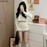 Korean Fashion Y2k Two Piece Skirt Set Women Sweet Stripe Knitted Sweater Crop Tops Slim Bodycon Mini Skirts Kawaii Lolita Suits LANFUBEISI