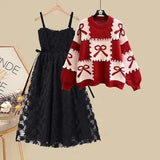 Winter New Style Personalized Knitted Sweater Pullover Lace Strap Two Piece Elegant Women's Dress Set Party Dresses LANFUBEISI