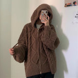 Vintage Brown Women Knitted Cardigan Autumn Winter Hooded Twist Sweater Woman Long Sleeve Zipper Crochet Outerwear V754 LANFUBEISI