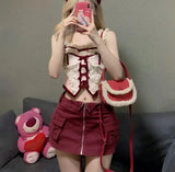 Kawaii Lolita Style Two Piece Set Women Lace Bow Embroidery Irregular Tank Top Red Mini Skirt Suit 2023 Korean Fashion Clothing LANFUBEISI