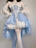 French Romantic Style Lolita Op Elegant Girl Cosplay Princess Puff Sleeve Ribbon Bowknot Flower Tunic Mesh Fantastic Fairy Dress LANFUBEISI