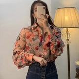 Women's Chiffon Shirt Floral Print V-Neck Long Sleeve Fashion Cozy Loose Blouse LANFUBEISI