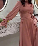 Long Dress New in Spring Fashion Satin Long Sleeves Elegant Robe Dress with Waist High Neck for Women's Commuting Evening Dress LANFUBEISI