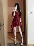 New Red French Elegant Y2k Mini Dress Even Party Short Sleeve Woman Vintage One Piece Dress Korean 90s Fashion Summer Chics LANFUBEISI